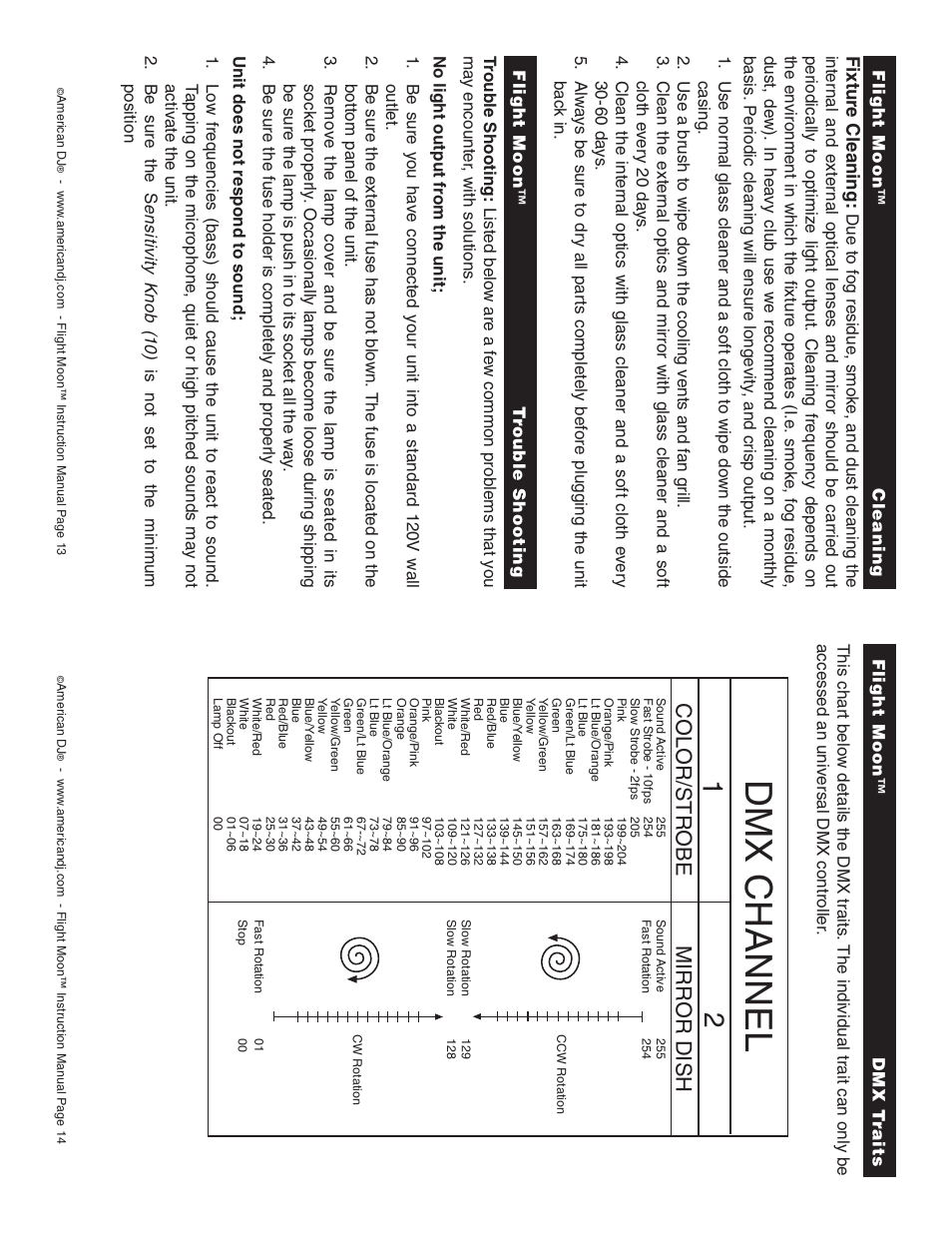 Dmx channel, Color/strobe mirror dish | American DJ Flight-Moon User Manual | Page 7 / 10