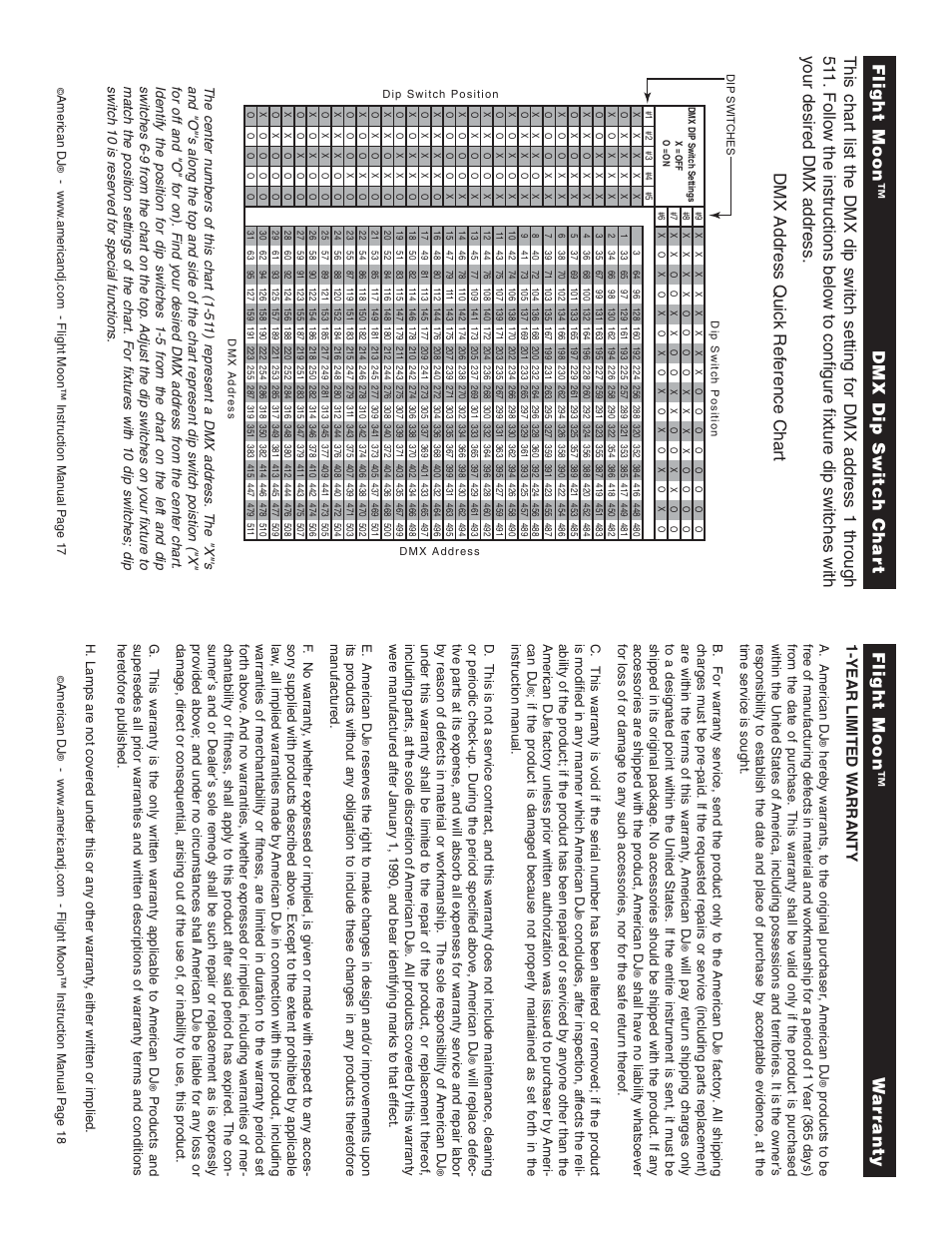 Flight moon™ w arranty, Dmx address quick reference chart, Year limited w arranty | American DJ Flight-Moon User Manual | Page 9 / 10