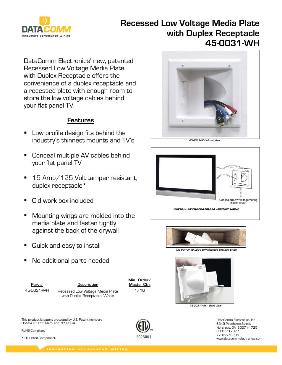 Monoprice PID 8475 Recessed Low Voltage Media Wall Plate with Duplex Receptacle White User Manual | 3 pages
