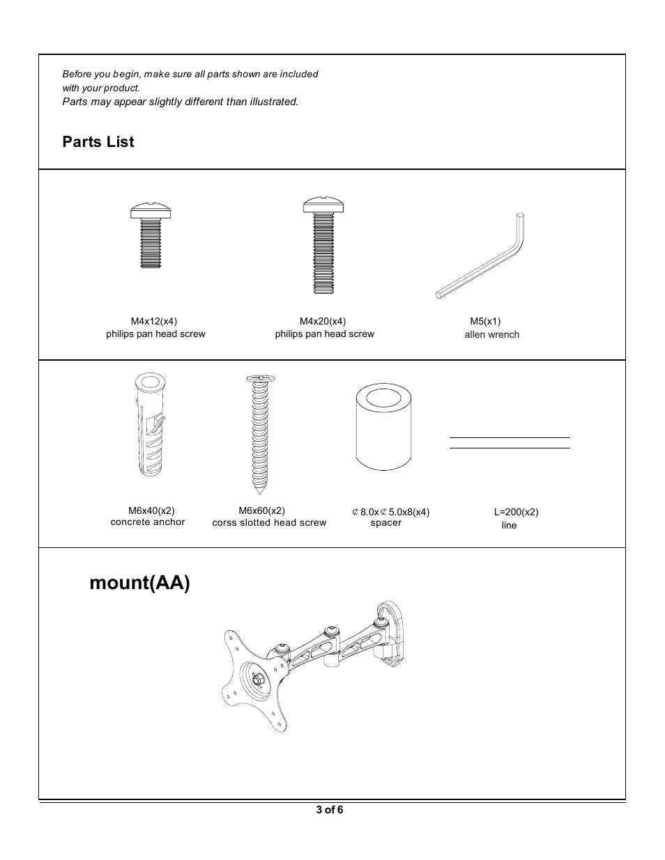 La100l 3.pdf, Mount(aa), Parts list | Monoprice 7844 MLA-100-L User Manual | Page 3 / 6