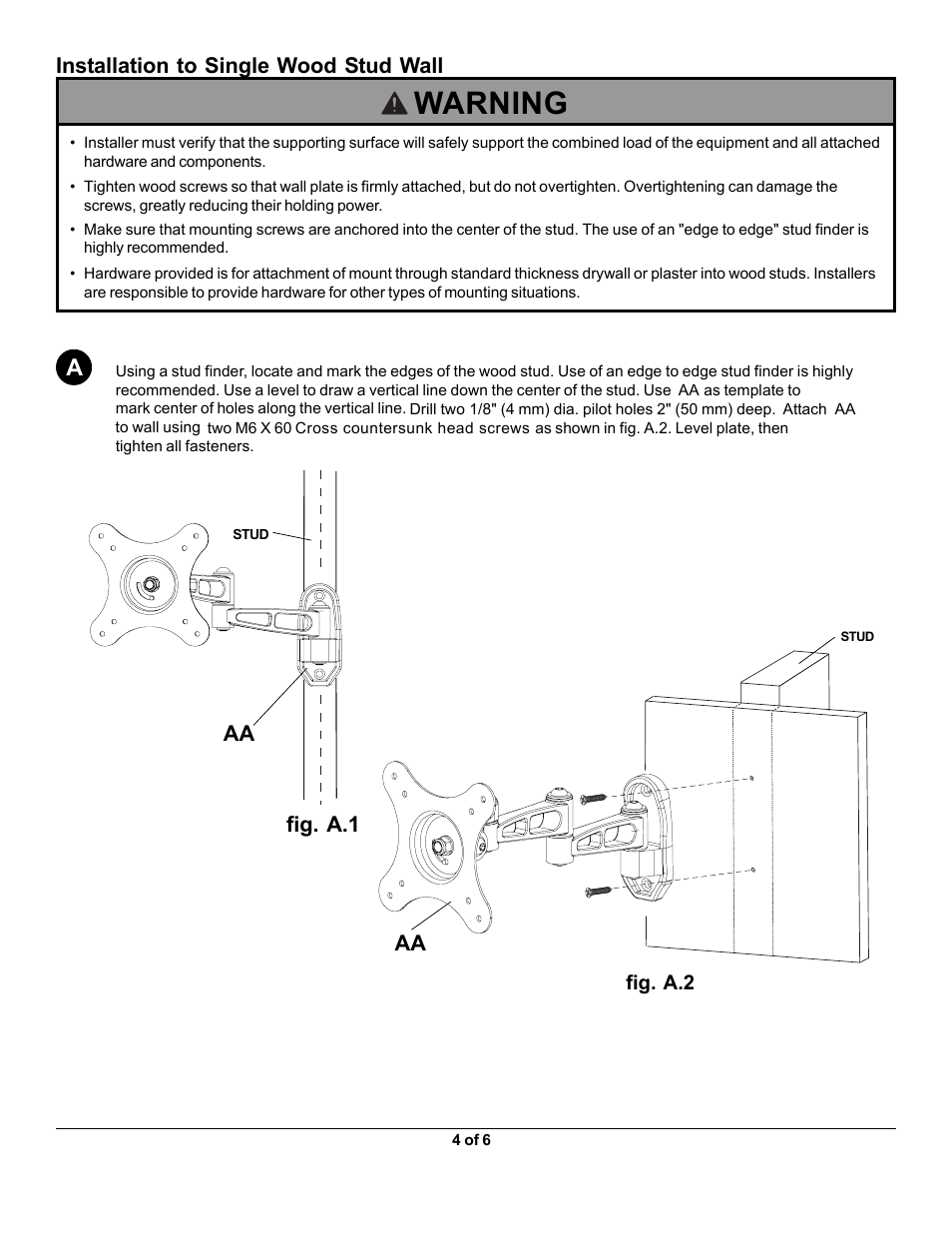 La100l 4.pdf, Warning, Fig. a.1 | Installation to single wood stud wall | Monoprice 7844 MLA-100-L User Manual | Page 4 / 6