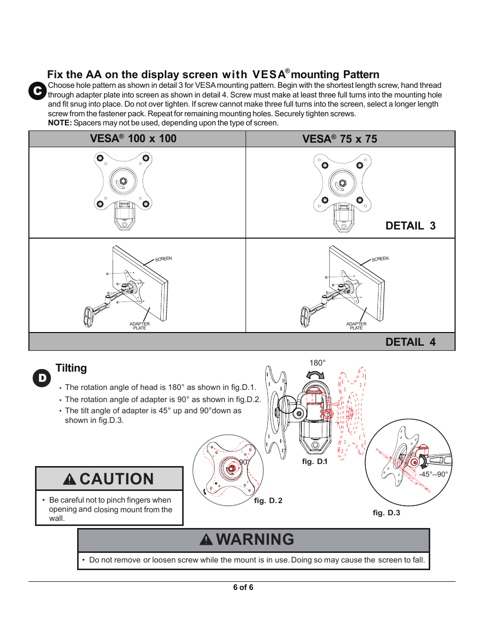 La100l 6.pdf, Caution warning, Vesa | 75 x 75, Detail 3 detail 4, Tilting | Monoprice 7844 MLA-100-L User Manual | Page 6 / 6
