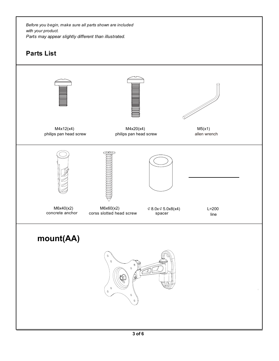 La100m 3.pdf, Mount(aa), Parts list | Monoprice 7843 MLA-100-M User Manual | Page 3 / 6