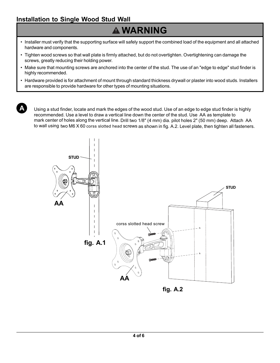 La100m 4.pdf, Warning, Fig. a.1 | Installation to single wood stud wall | Monoprice 7843 MLA-100-M User Manual | Page 4 / 6