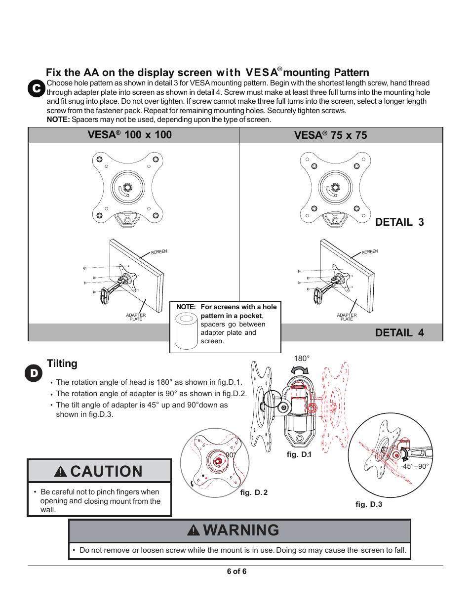 La100m 6.pdf, Caution warning, Tilting | Vesa, 75 x 75, Detail 3 detail 4 | Monoprice 7843 MLA-100-M User Manual | Page 6 / 6