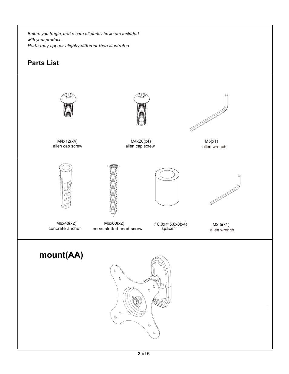 La100s 3.pdf, Mount(aa), Parts list | Monoprice 7842 MLA100-S User Manual | Page 3 / 6
