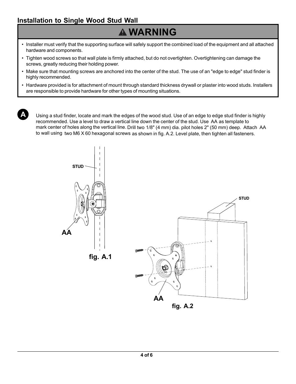 La100s 4.pdf, Warning, Fig. a.1 | Installation to single wood stud wall | Monoprice 7842 MLA100-S User Manual | Page 4 / 6
