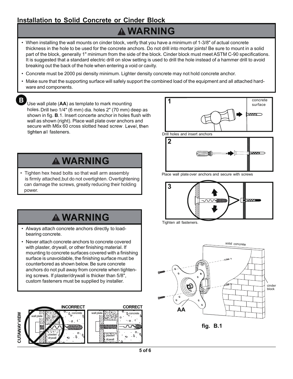 La100s 5.pdf, Warning, Installation to solid concrete or cinder block | Monoprice 7842 MLA100-S User Manual | Page 5 / 6