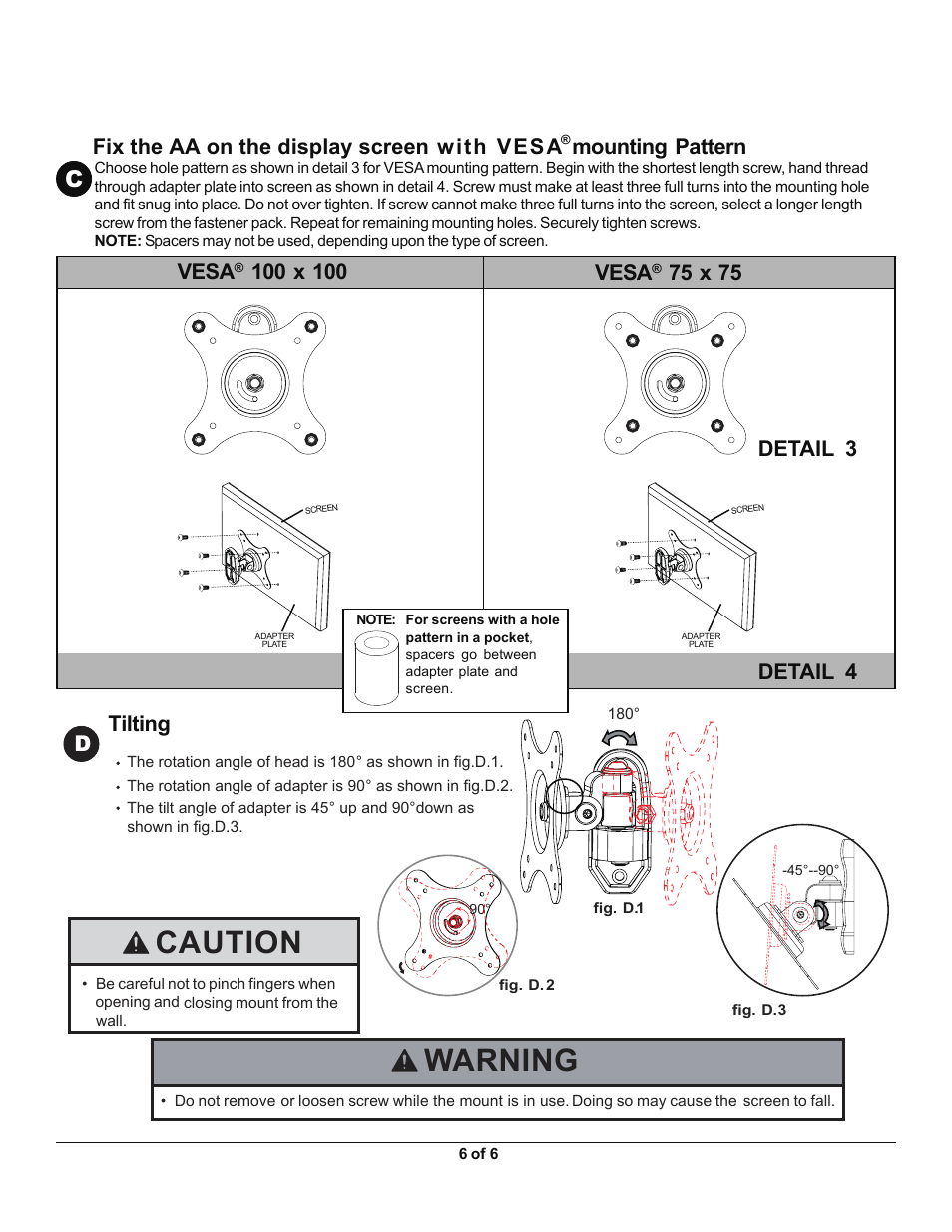 La100s 6.pdf, Caution warning, Vesa | 75 x 75, Detail 3 detail 4, Tilting | Monoprice 7842 MLA100-S User Manual | Page 6 / 6