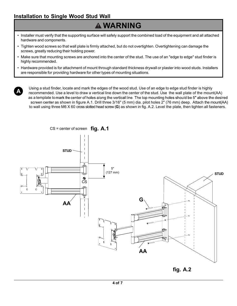 Mua46 4.pdf, Warning, Fig. a.1 | Aa g, Installation to single wood stud wall, Fig. a.2 | Monoprice 7845 MUA-46 User Manual | Page 4 / 7