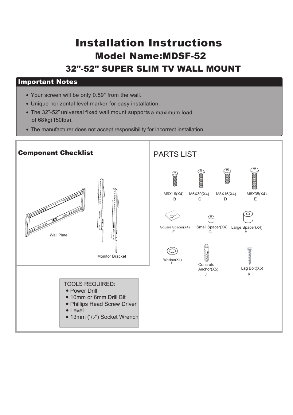 Dsf52 2.pdf, Installation instructions, Model name:mdsf-52 | 32"-52" super slim tv wall mount, Parts list, Component checklist | Monoprice 7847 MDSF52 User Manual | Page 2 / 3