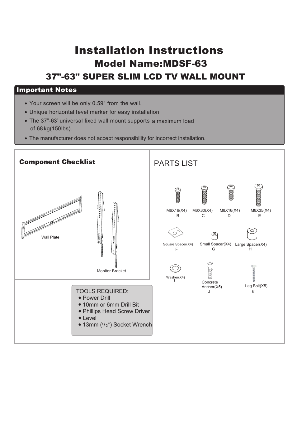 Dsf63 2.pdf, Installation instructions, Model name:mdsf-63 | 37"-63" super slim lcd tv wall mount, Parts list, Component checklist | Monoprice 7848 MDSF63 User Manual | Page 2 / 3