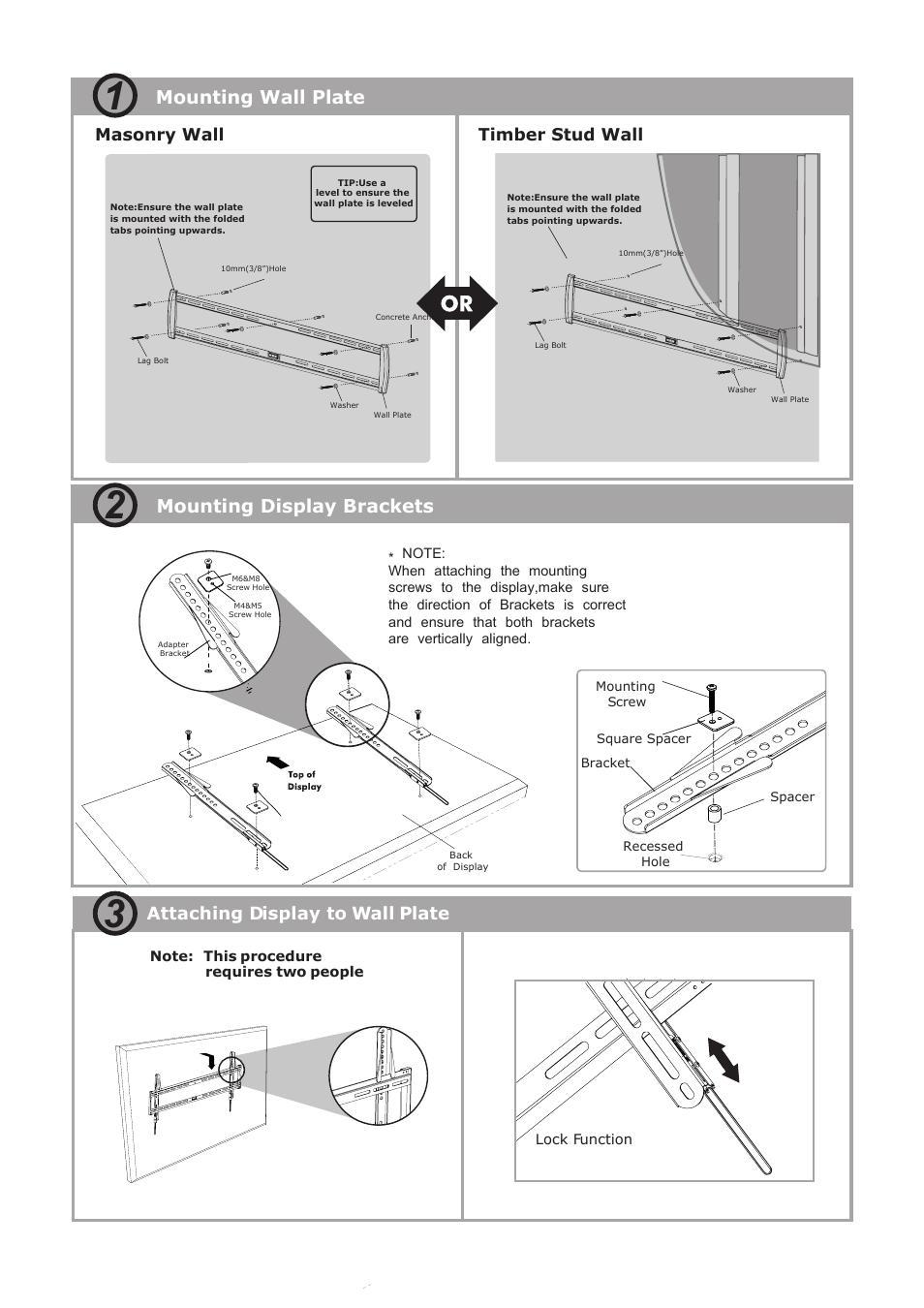 Dsf63 3.pdf, Mounting wall plate mounting display brackets, Attaching display to wall plate | Masonry wall, Timber stud wall | Monoprice 7848 MDSF63 User Manual | Page 3 / 3