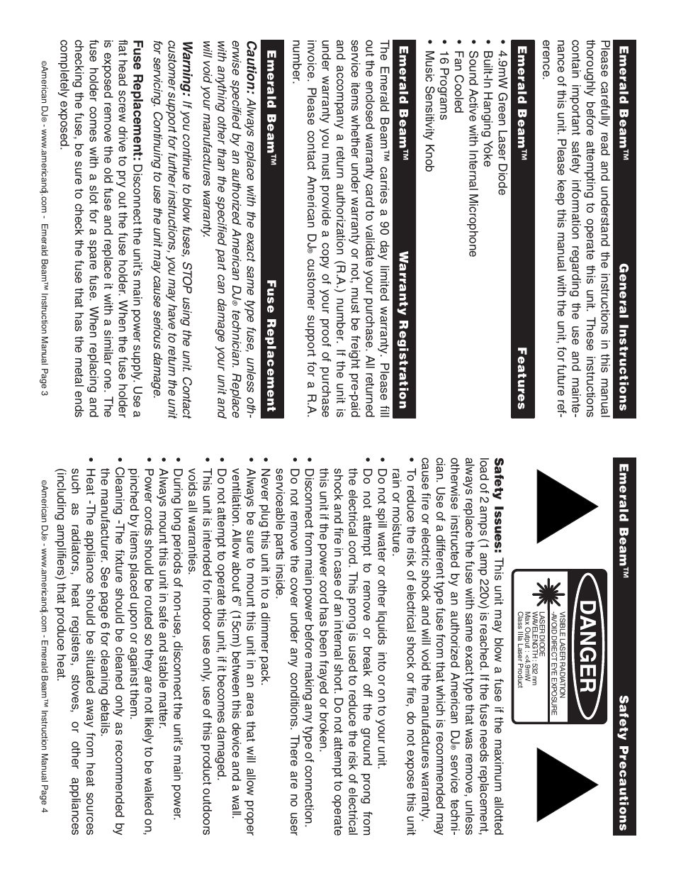 Danger | American DJ Emrald Beam User Manual | Page 2 / 4