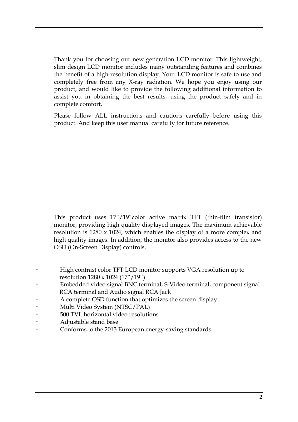 1 introduction, 2 feature | Monoprice 6977 17-inch Professional CCTV Monitor User Manual | Page 7 / 26