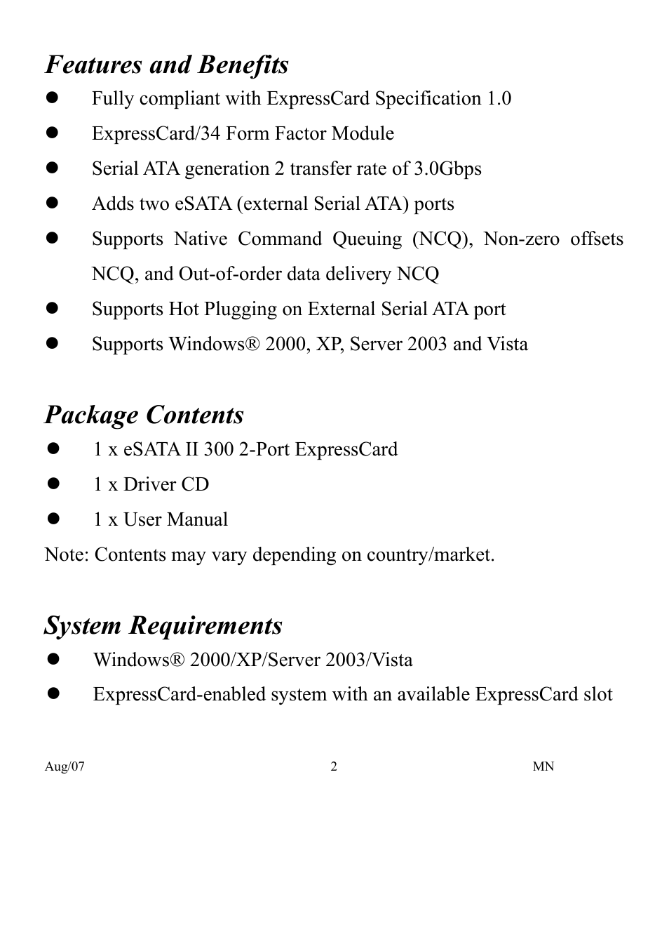 Features and benefits, Package contents, System requirements | Monoprice 7004 2-port eSATA 2 CardBus PCMCIA ExpressCard User Manual | Page 2 / 6
