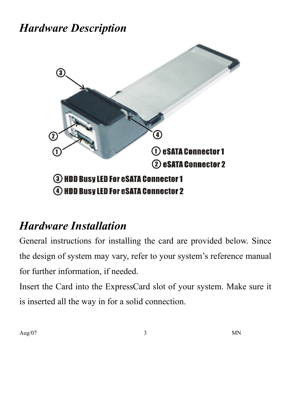 Hardware description hardware installation | Monoprice 7004 2-port eSATA 2 CardBus PCMCIA ExpressCard User Manual | Page 3 / 6
