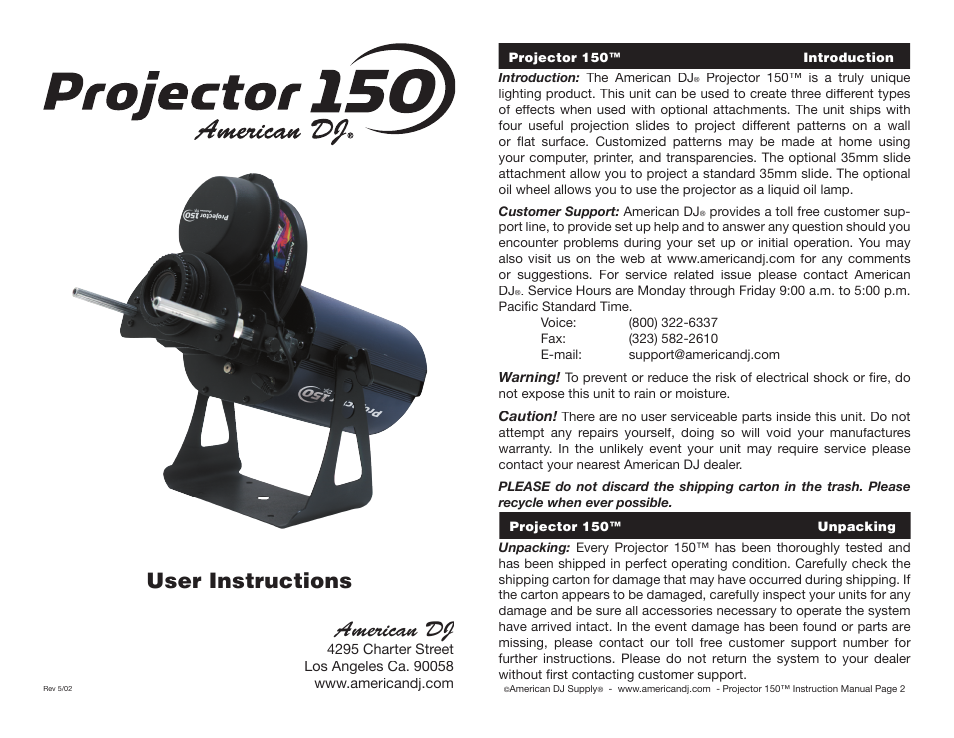 American DJ 150 User Manual | 4 pages