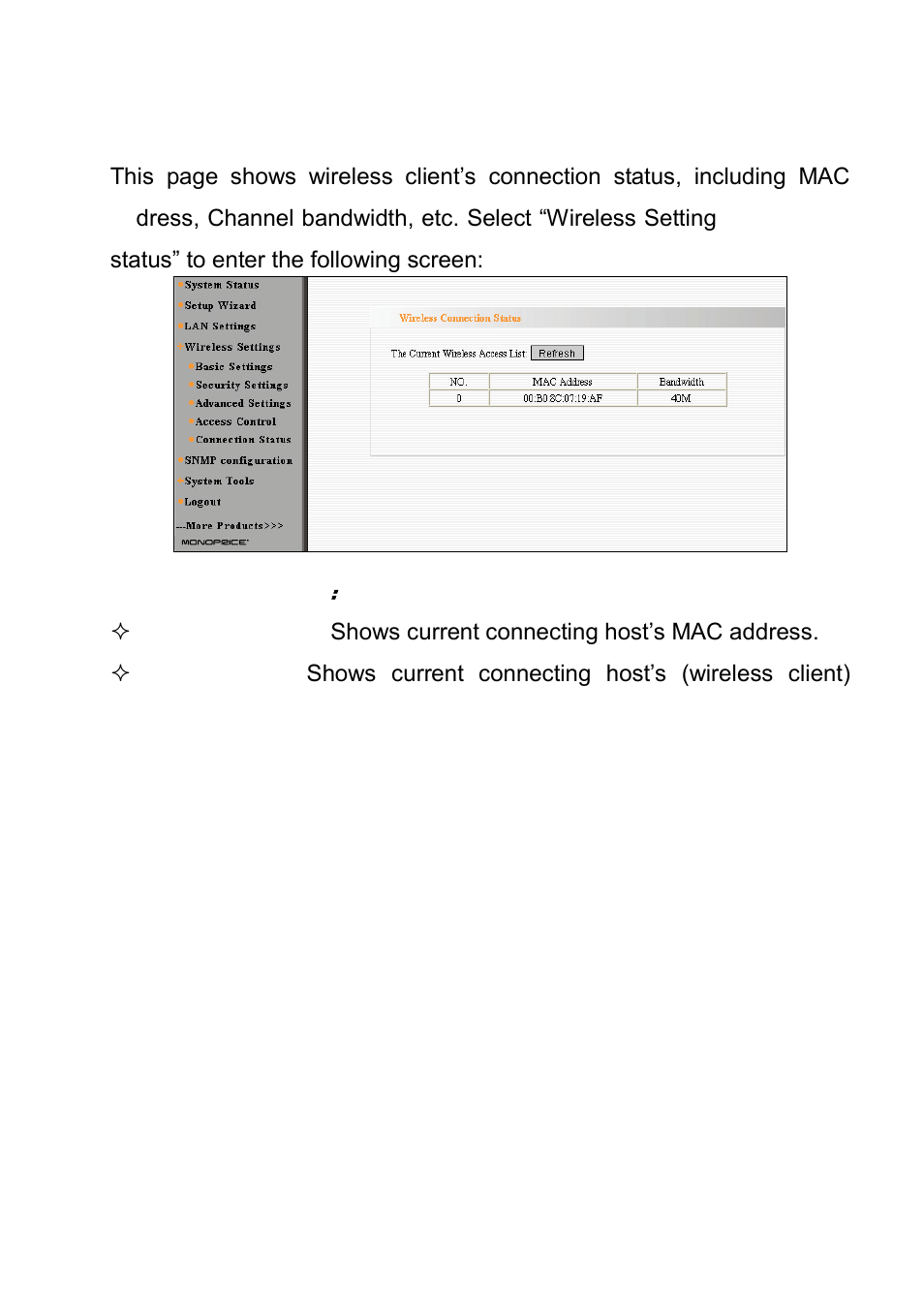 5 connection status, Chapter 5 snmp setting, 1 snmp introduction | Monoprice 8744 PoE Wireless Access Point User Manual | Page 32 / 45