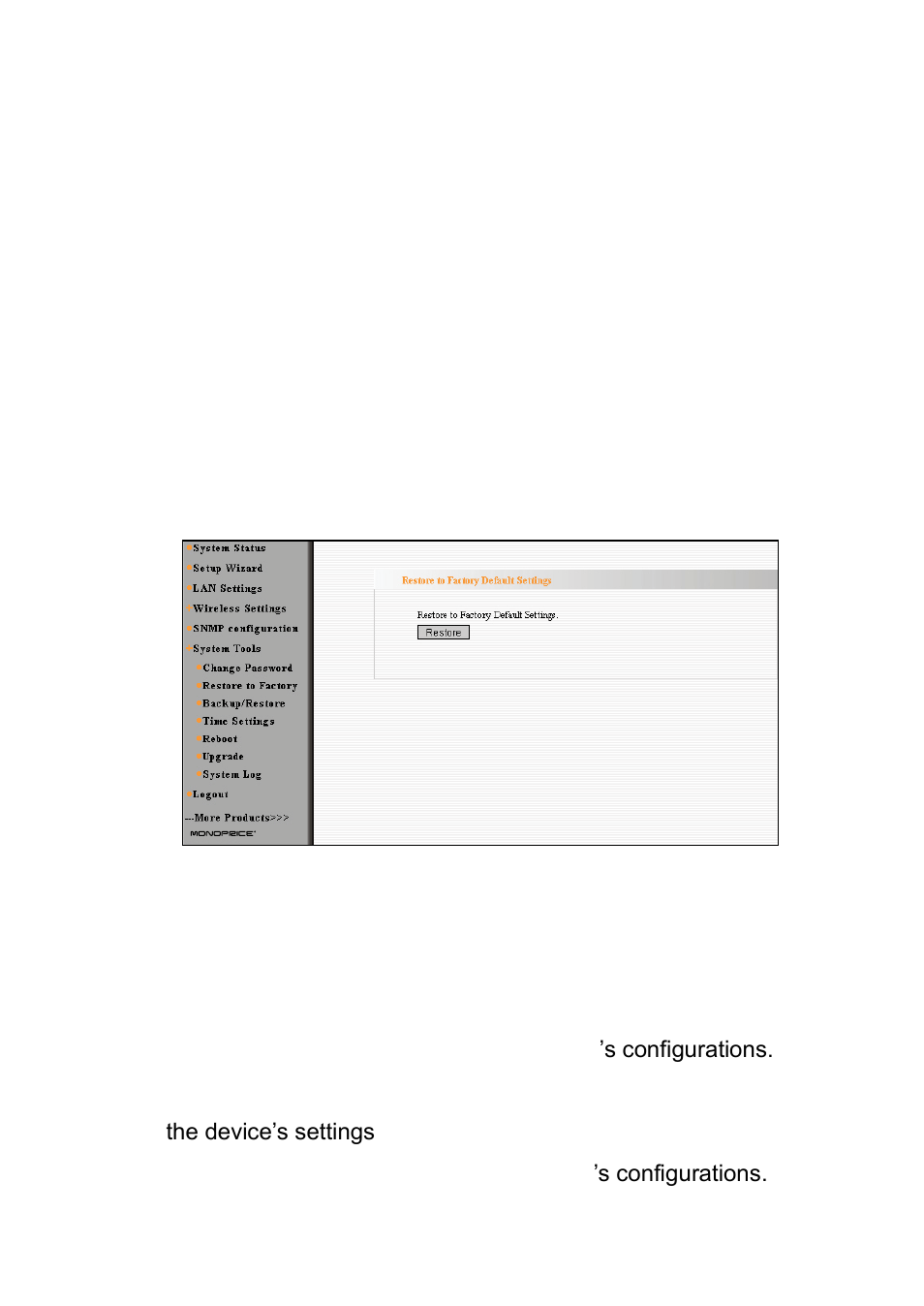 2 restore to factory, 3 backup/restore | Monoprice 8744 PoE Wireless Access Point User Manual | Page 35 / 45