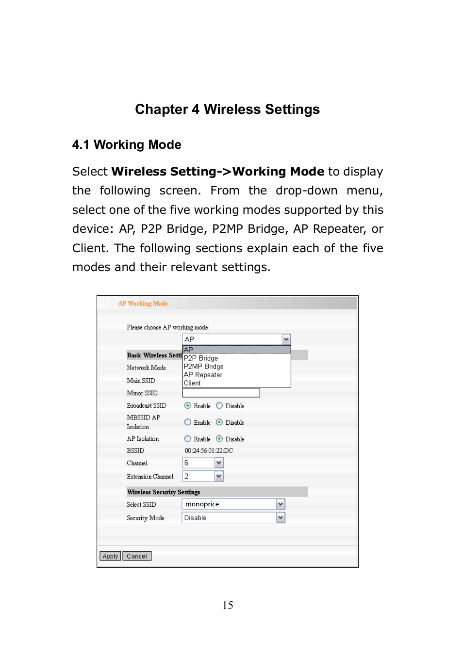 Chapter 4 wireless settings | Monoprice 8745 Wireless N PoE Access Point User Manual | Page 19 / 80