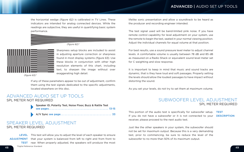 Speaker level adjustment, Advanced audio set up tools, Subwoofer level adjustment | Advanced | audio set up tools | Monoprice 9497 Disney World of Wonder User Manual | Page 26 / 29