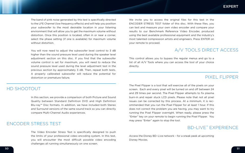 Hd shootout encoder stress test, Pixel flipper a/v tools direct access bd-live, Experience | Monoprice 9497 Disney World of Wonder User Manual | Page 27 / 29