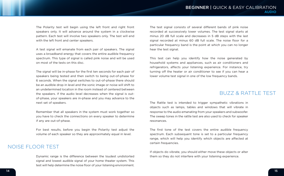 Noise floor test, Buzz & rattle test, Beginner | quick & easy calibration | Monoprice 9497 Disney World of Wonder User Manual | Page 9 / 29