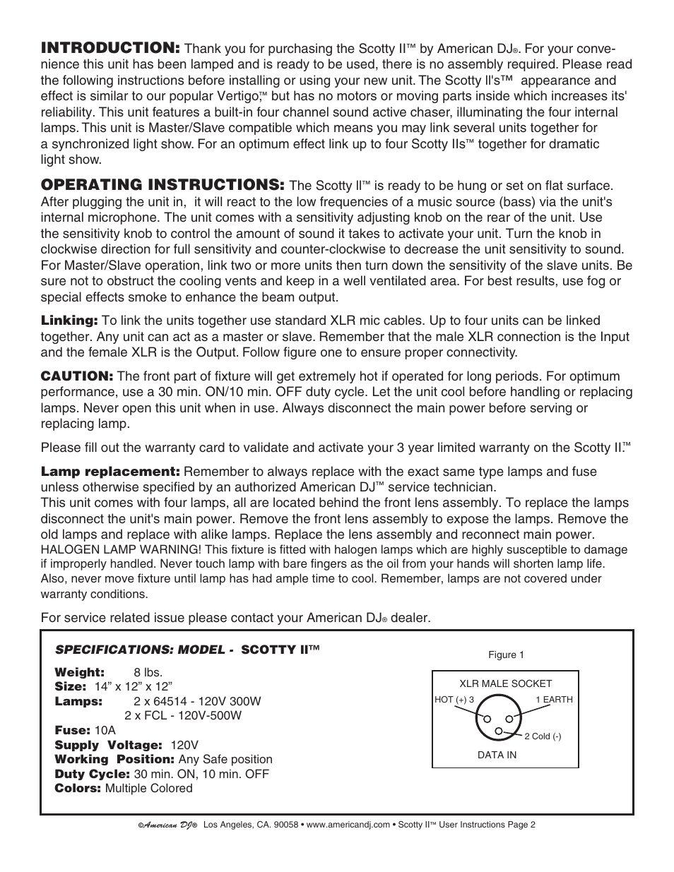 Introduction, Operating instructions | American DJ Scotty II User Manual | Page 2 / 2
