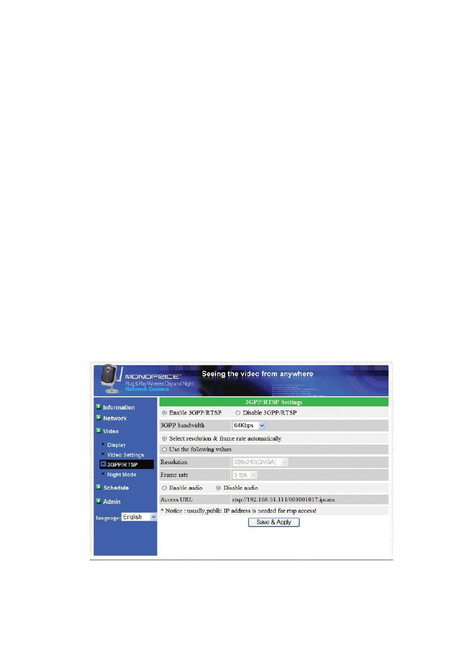 3gpp/rtsp settings | Monoprice PID 9205 Plug Play Wireless Day and Night Network IP Camera with Audio MPEG4 User Manual | Page 25 / 51