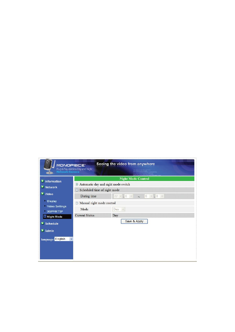 Night mode control | Monoprice PID 9205 Plug Play Wireless Day and Night Network IP Camera with Audio MPEG4 User Manual | Page 26 / 51