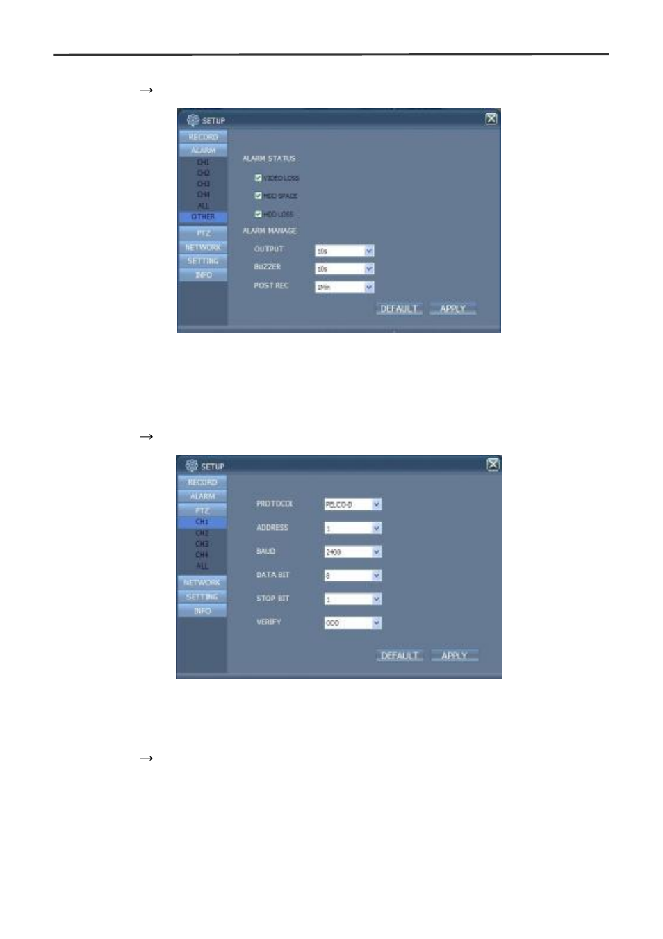 7 alarm setup, 8 ptz control, 9 network setup | Monoprice 9888 4-channel Security System Bundle User Manual | Page 36 / 46