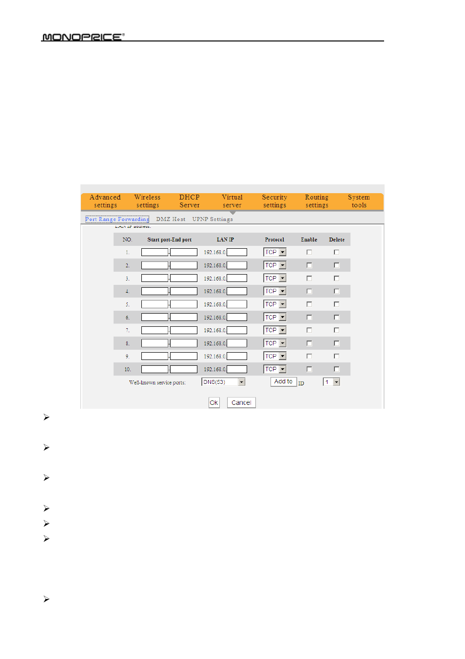 Chapter 7 virtual server, 1 port range forwarding | Monoprice PID 8742 Wireless 802 11N Router with Internal Antenna and WPS Function 2T2R MIMO 300Mbps User Manual | Page 48 / 74