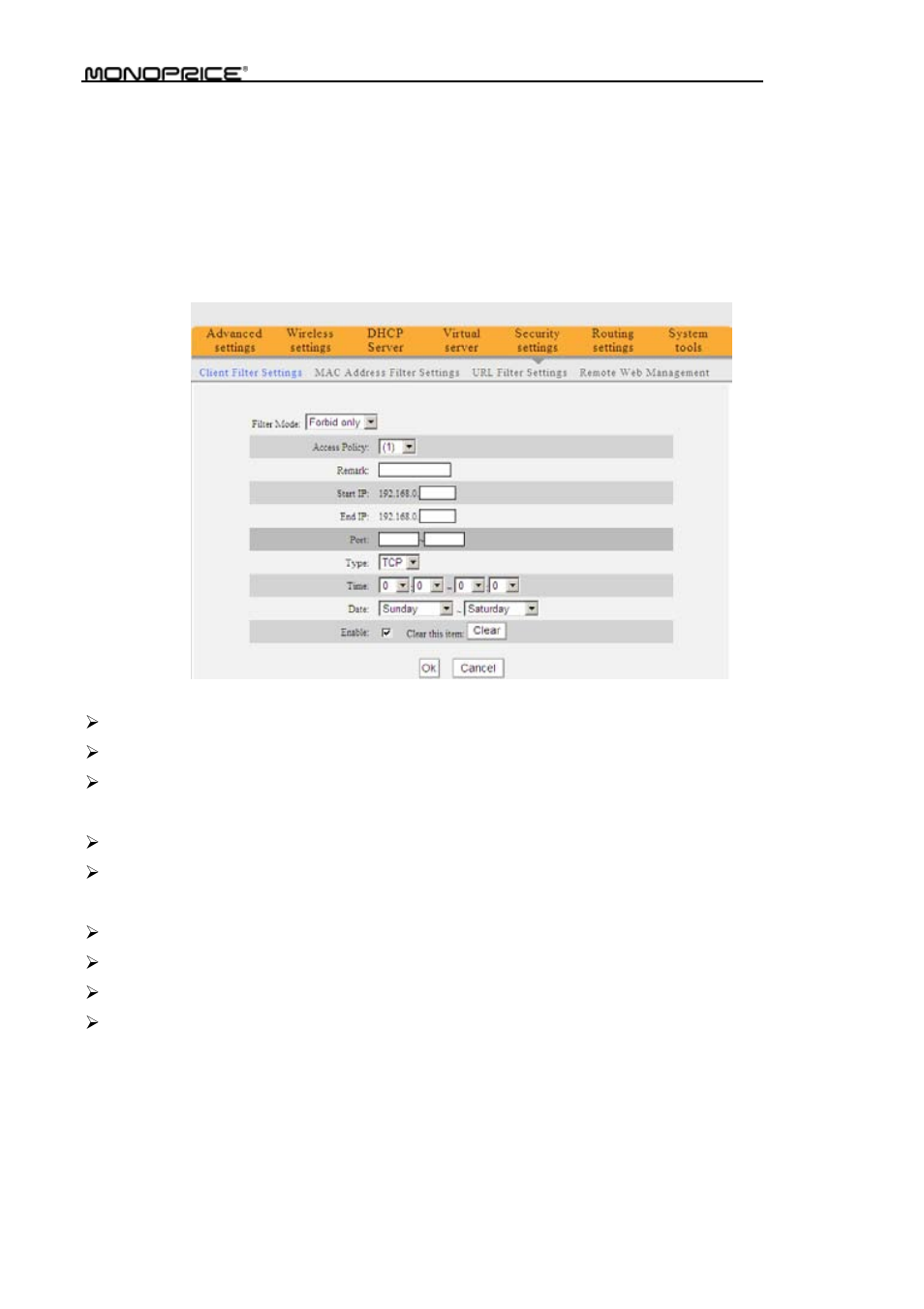 Chapter 8 security settings, 1 client filter settings | Monoprice PID 8742 Wireless 802 11N Router with Internal Antenna and WPS Function 2T2R MIMO 300Mbps User Manual | Page 52 / 74