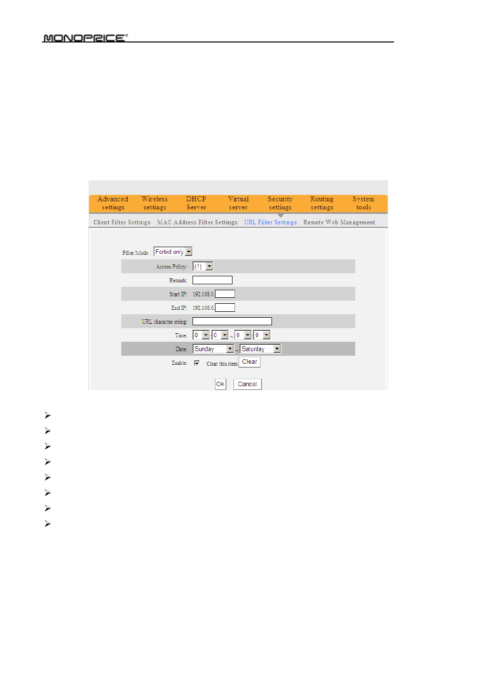 3 url filter settings | Monoprice PID 8742 Wireless 802 11N Router with Internal Antenna and WPS Function 2T2R MIMO 300Mbps User Manual | Page 56 / 74