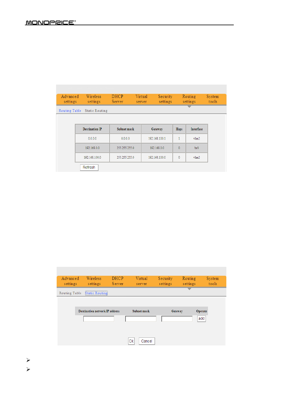 Chapter 9 routing settings, 1 routing table, 2 static routing | Monoprice PID 8742 Wireless 802 11N Router with Internal Antenna and WPS Function 2T2R MIMO 300Mbps User Manual | Page 59 / 74
