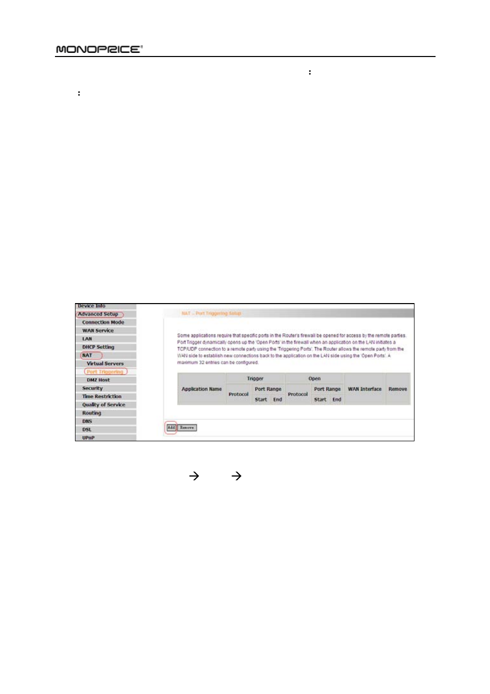 6 port triggering | Monoprice PID 8743 Wireless N ADSL2 Modem and Router 802 11N WPS Function 2T2R 300Mbps User Manual | Page 73 / 147