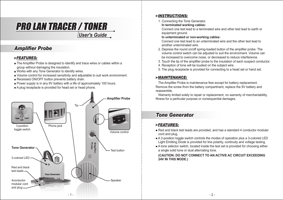 Monoprice 8134 Tone Generator Probe User Manual | 2 pages