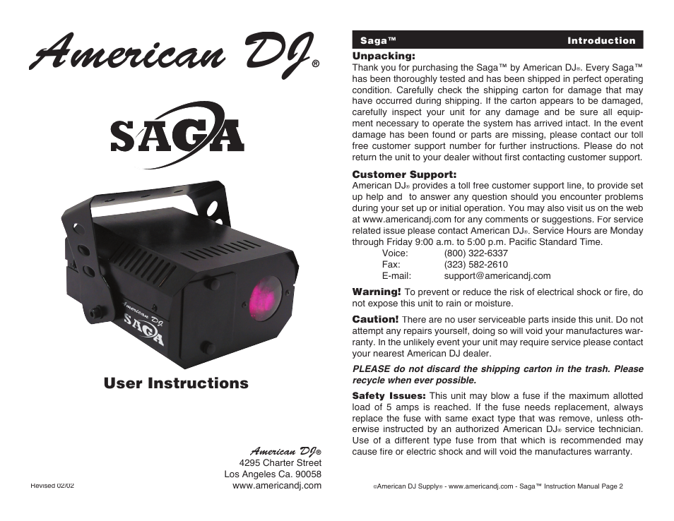 American DJ Saga User Manual | 4 pages