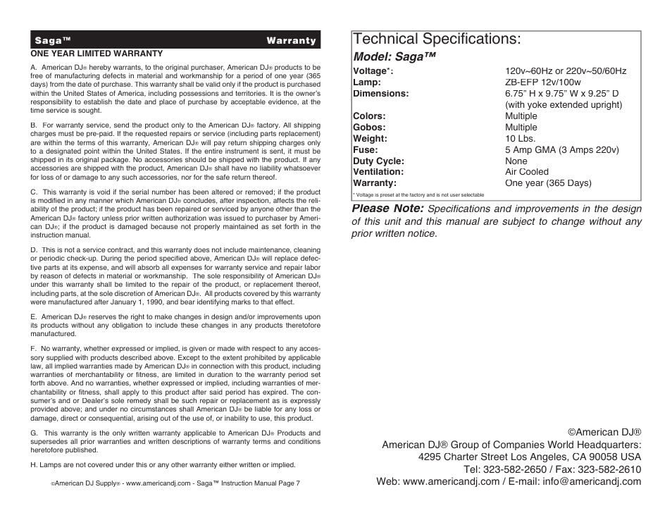 Technical specifications, Model: saga | American DJ Saga User Manual | Page 4 / 4