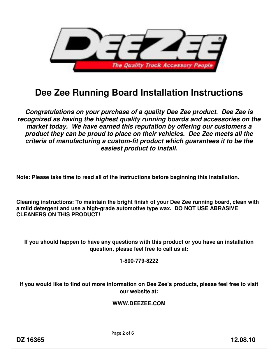 Dee zee running board installation instructions | Dee Zee DZ16365 User Manual | Page 2 / 11