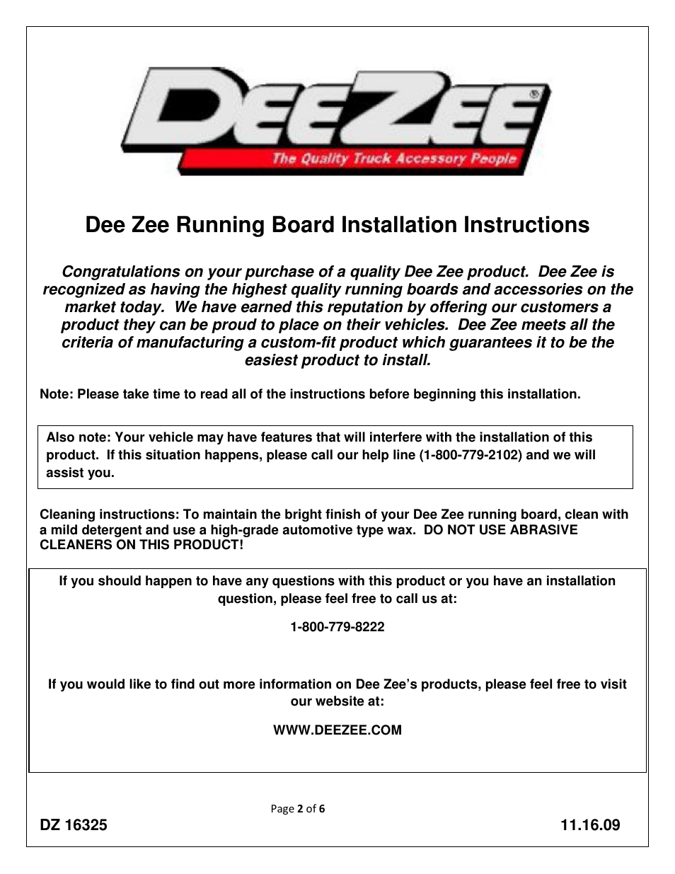 Dee zee running board installation instructions | Dee Zee DZ16325 User Manual | Page 2 / 11