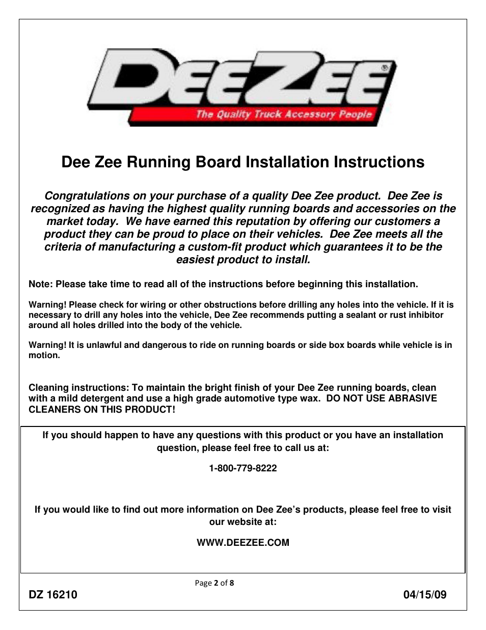 Dee zee running board installation instructions | Dee Zee DZ16210 User Manual | Page 2 / 8