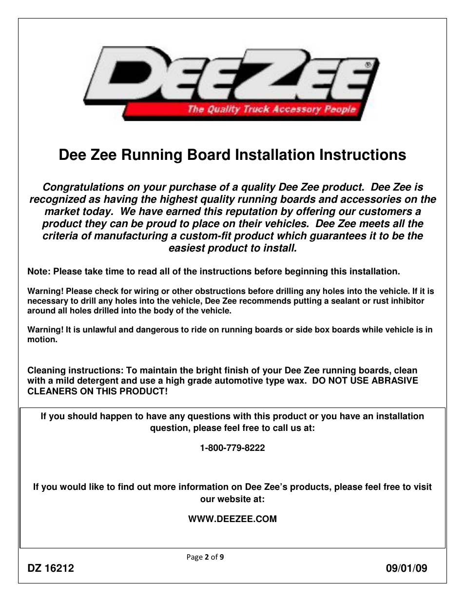 Dee zee running board installation instructions | Dee Zee DZ16212 User Manual | Page 2 / 9