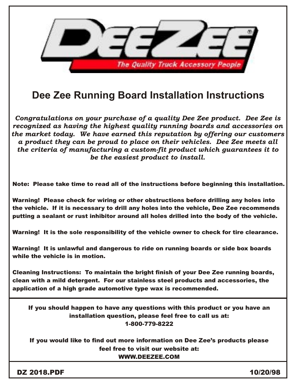 Dee zee running board installation instructions | Dee Zee DZ2018 User Manual | Page 2 / 10
