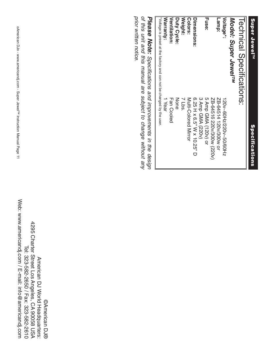 Technical specifications, Model: super jewel | American DJ Super Jewel User Manual | Page 6 / 6