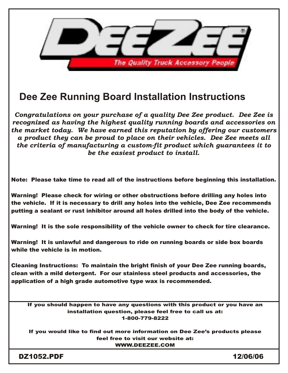 Dee zee running board installation instructions | Dee Zee DZ1052 User Manual | Page 2 / 8