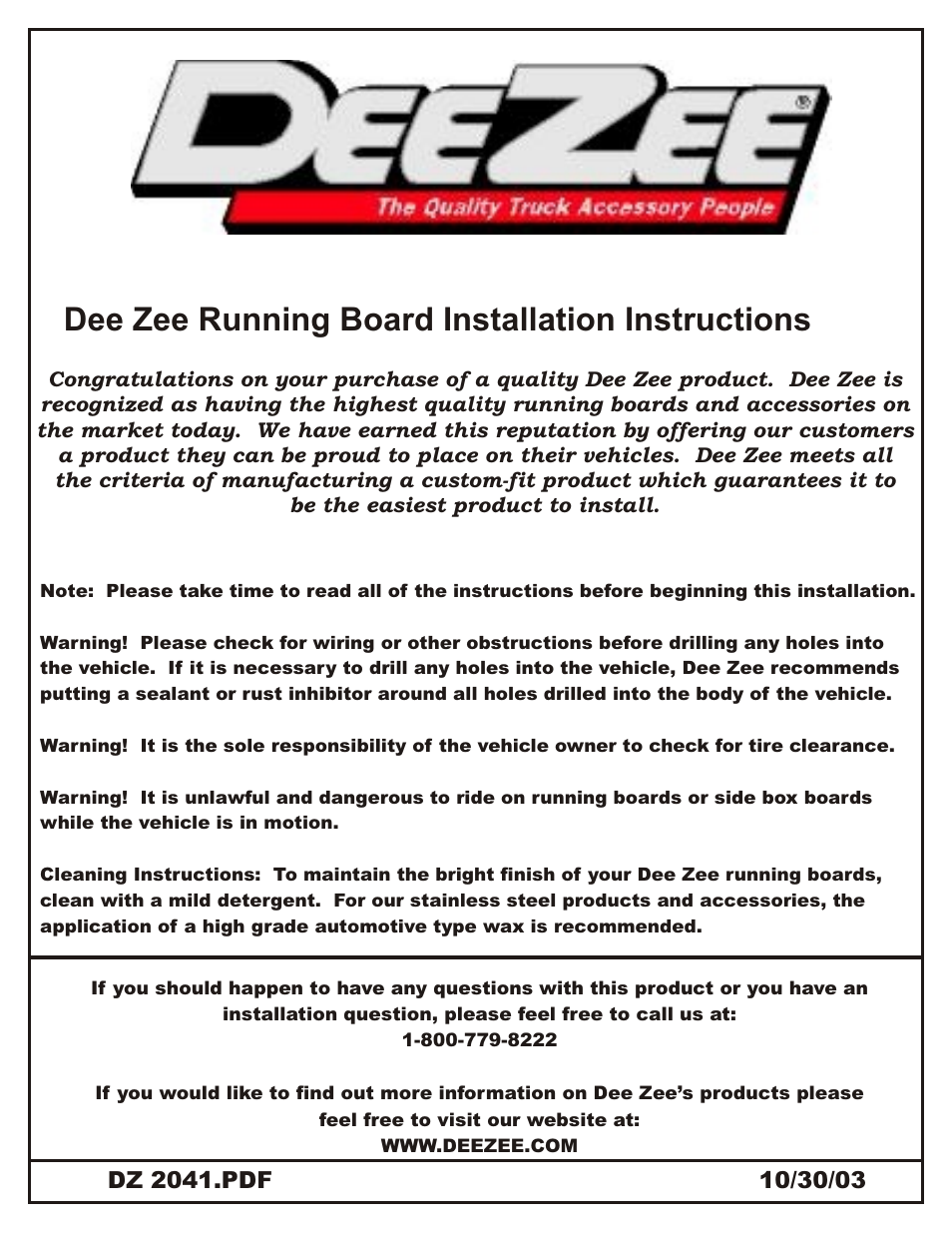 Dee zee running board installation instructions | Dee Zee DZ2041 User Manual | Page 2 / 13