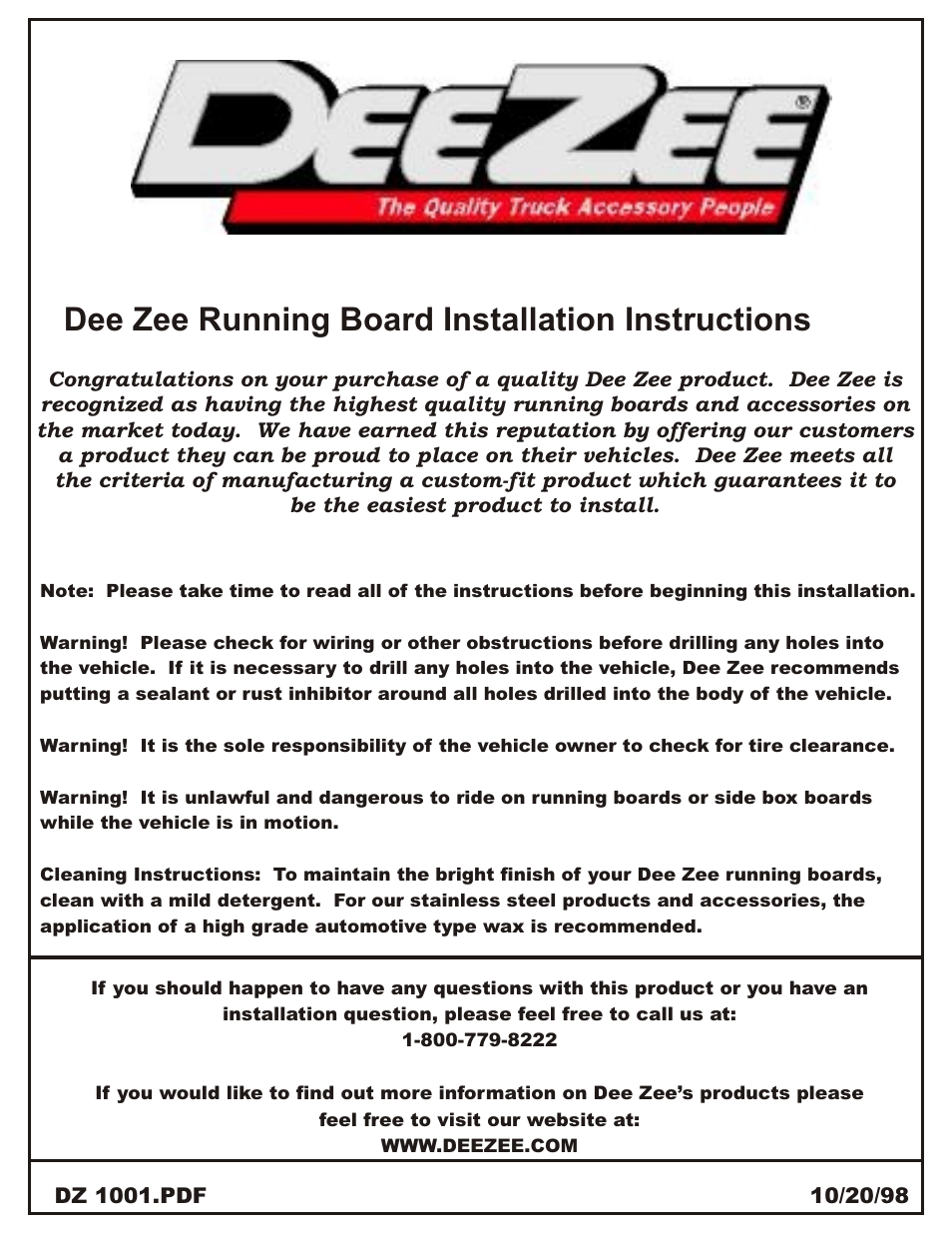 Dee zee running board installation instructions | Dee Zee DZ1001 User Manual | Page 2 / 7