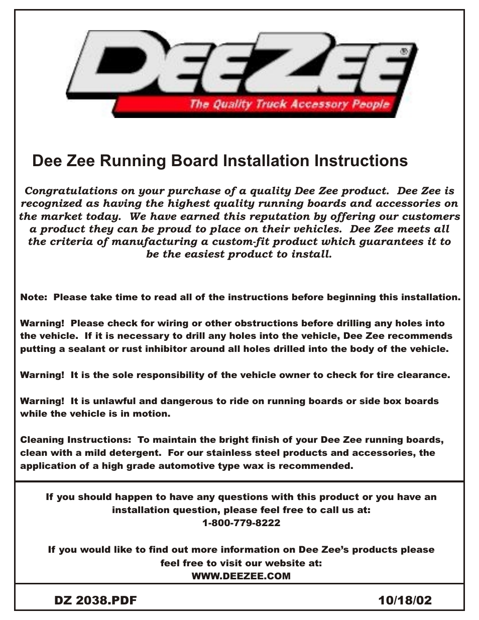 Dee zee running board installation instructions | Dee Zee DZ2052 User Manual | Page 2 / 11